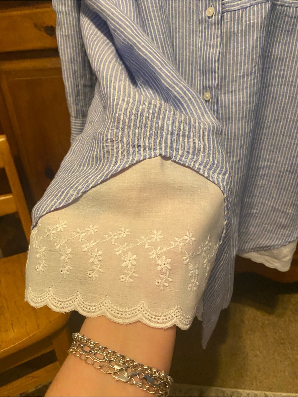 Lauren Ralph Lauren Linen  Blue Stripe Embroidered Hem Shirt Dress Cottagecore - Picture 11 of 14